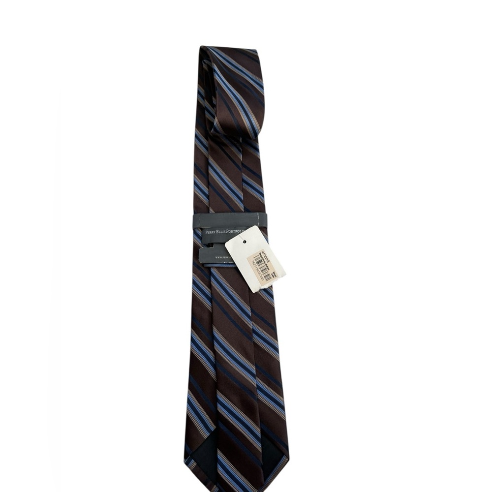 Perry Ellis Portfolio Silk Tie Brown Blue Striped Men’s Neck Tie 100% Silk NWT - Picture 2 of 3